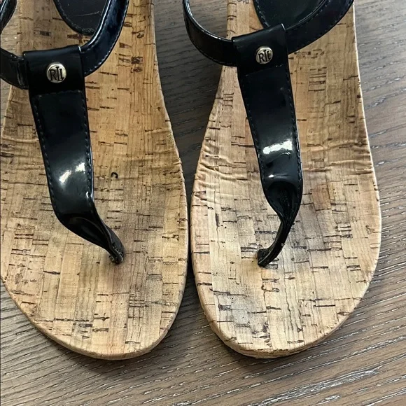 Lauren Ralph Lauren Rosalia T-strap Black Patent  Thong Cork Wedge Sandal - Picture 6 of 8